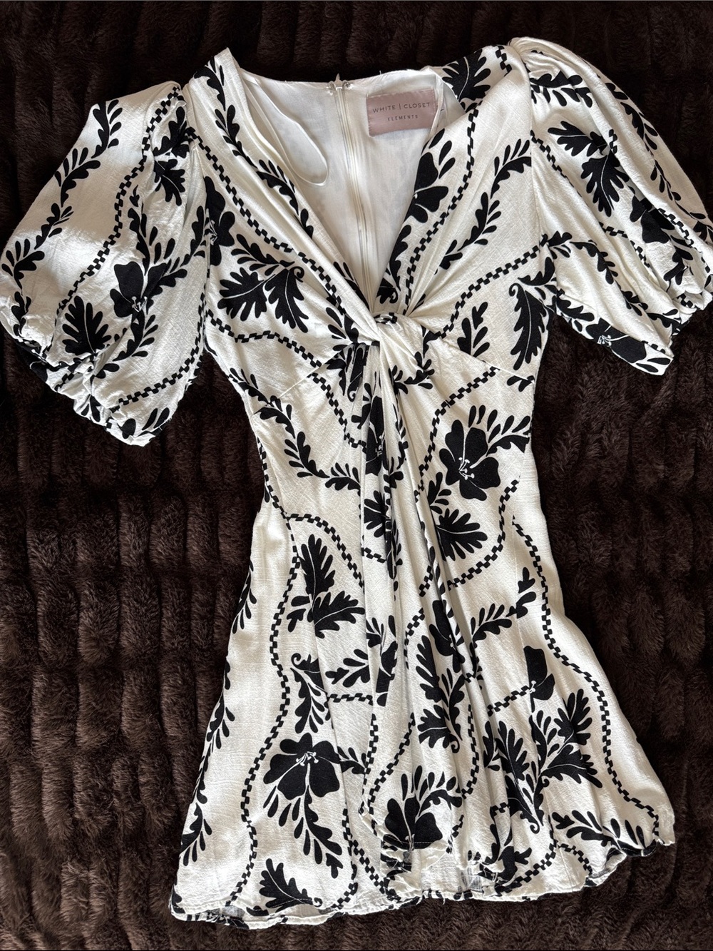 White & Black Floral Knot Front Mini Dress